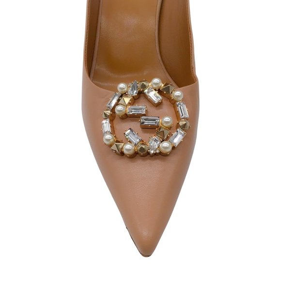 GUCCI BEIGE EMBELLISHED GG POINTED TOE LEATHER PUMPS - Picture 5 of 8